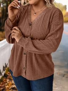 SHEIN LUNE 大码女式休闲日常通勤简约纯色罗纹V领落肩宽松单排扣开衫T恤，春秋季 - 咖啡棕 - 查看 3