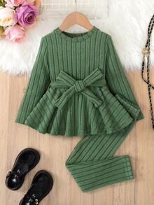 SHEIN 女童罗纹长袖连衣裙配紧身打底裤套装（2件套），春秋季 - 墨綠色 - 查看 8