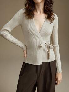 Ontre 女士针织罗纹系带开衫，优雅百搭，适合都市通勤、商务、休闲、办公、圣诞节、新年等场合。 - 杏色 - 查看 1