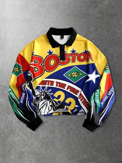 Street Life Men's Digital Letter & Pentagram Print Polo Collar Long Sleeve Sweatshirt