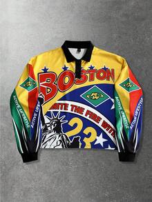 ROMWE MEN Street Life 男士数码字母五角星印花 Polo 领长袖休闲卫衣 - 黃色 - 查看 3