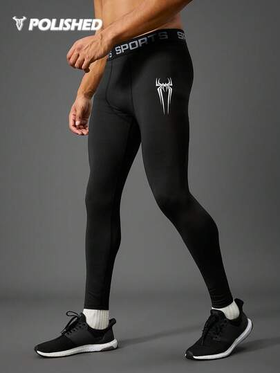 Manfinity Sport Polished Men's Spider Print & Letter Design Sports Compression Leggings Comfortable Breathable Slim Fit For Gym Compression Sports Tights