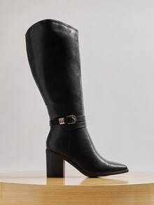 SHUZIA 女士时尚搭扣装饰尖头高跟黑色PU长靴——优雅、简约、街头风，圣诞节必备 - 黑色 - 查看 2