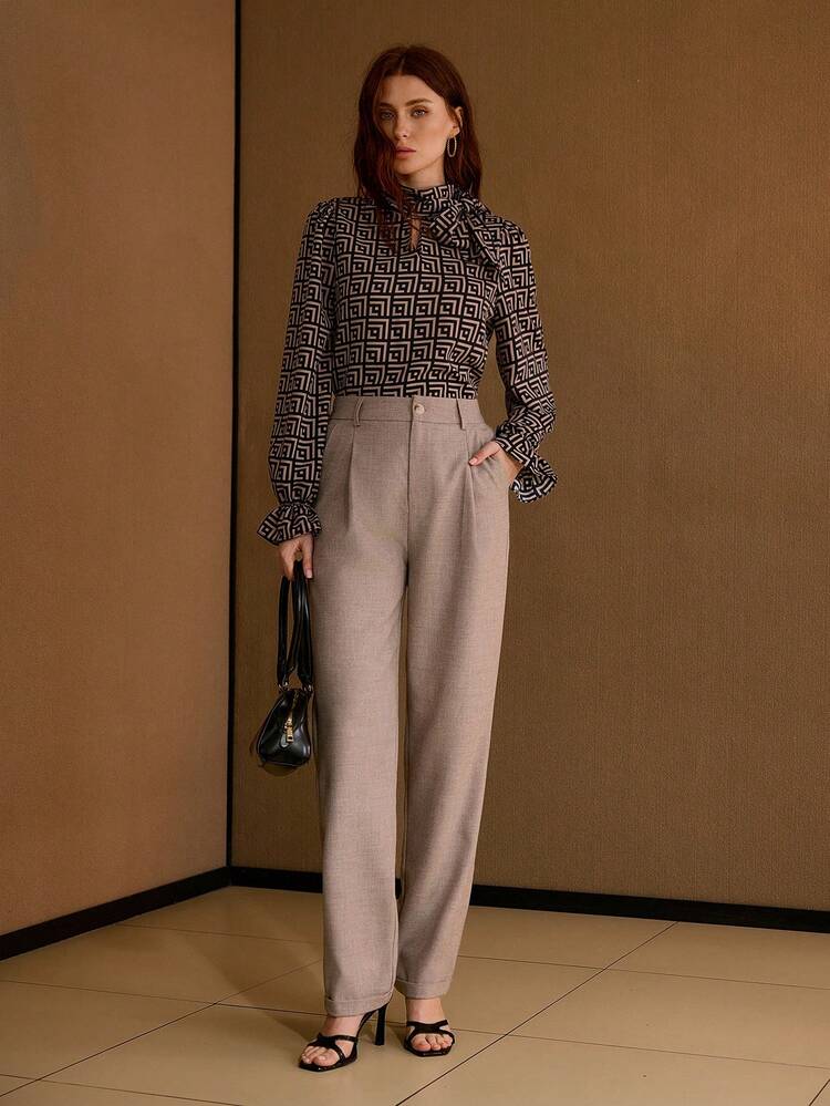 女性用エレガントなジオメトリック柄ネクタイ付き多機能長袖ブラウス