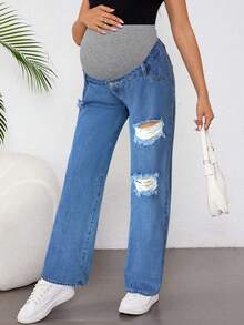 SHEIN Maternity Casual Loose Ripped Straight Leg Jeans, Blue - Medium Wash - View 4