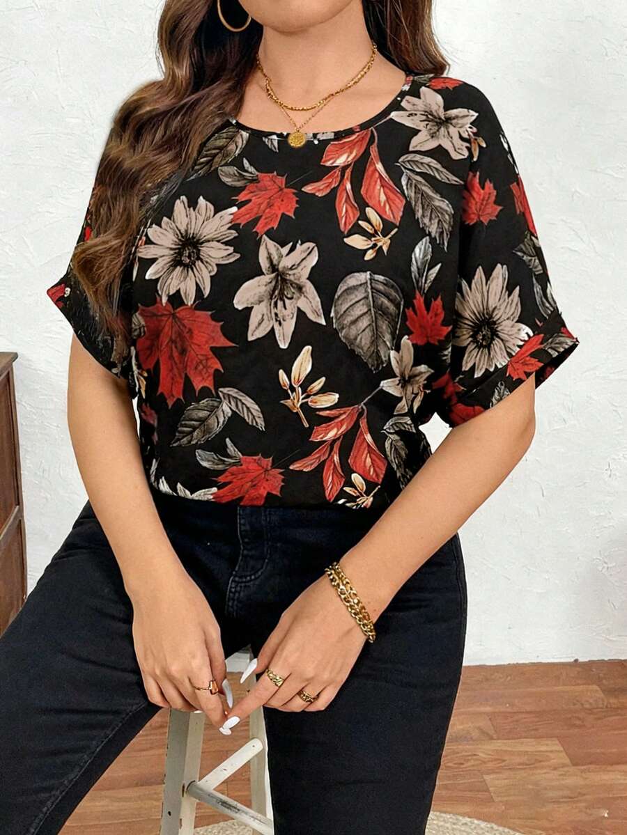 EMERY ROSE 大码女式印花圆领蝙蝠袖短袖休闲衬衫 - 彩色 - 查看 1