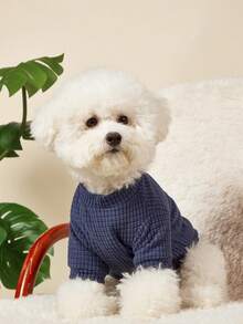 PETSIN 1 件宠物猫狗通用圆领套头衫粉色海军蓝华夫格针织弹力舒适基本款时尚刺绣狗连帽衫 - 彩色 - 查看 9
