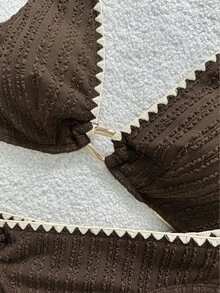 Swim Basics Spring/Summer Coffee Brown Special Fabric Gold Accessory Shell Crafted Tie-Up Backless Triangle Bikini Set, Mature Women Style - Coffee Brown - View 9