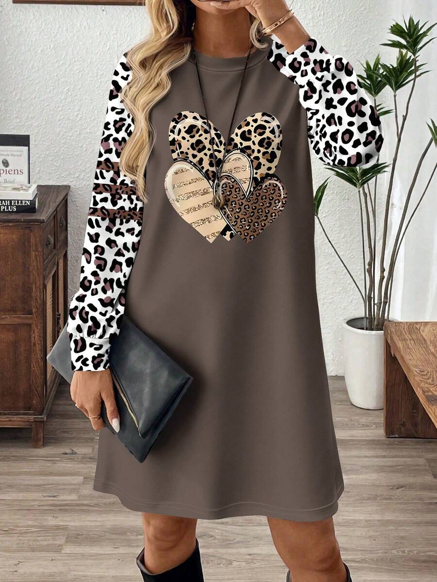 SHEIN LUNE 女士时尚休闲拼接豹纹迷你连衣裙 - 白色 - 查看 1