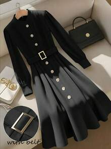 GlowEve 女士优雅圆领褶裥A字中长连衣裙，收腰设计，休闲通勤时尚，绿色长袖 - 黑色 - 查看 5