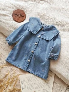 SHEIN Vintaside Kids 女婴粉色蝴蝶结印花翻领牛仔长袖开襟连衣裙，适合日常外出、派对和聚会，春秋季 - 藍色 - 查看 3