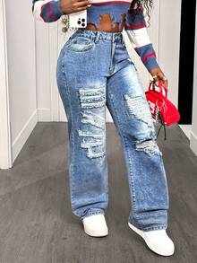 BamGleam Quần jeans ống đứng thêu họa tiết rách giặt thường ngày dành cho nữ - Rửa nhẹ - Xem 7