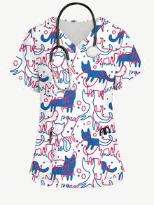 PopScrub 大码女式猫咪卡通数码印花V领短袖口袋工作服上衣，带耳挂和侧开衩，制服款 - 彩色 - 查看 4