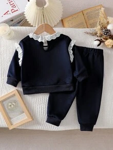SHEIN 2pcs/Set Toddler White Lace Collar Embroidered Long Sleeve Top And Navy Blue Pants Sweatsuit, Casual Outfit Suitable For Daily Wear, Spring/Autumn, Christmas - Navy Blue - View 2