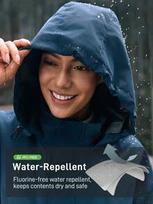 In My Nature Áo khoác gió/áo mưa ngoài trời dành cho nữ, màu trơn, có mũ trùm đầu, dây rút eo, chống thấm nước, đồ mặc nhà cho nữ. - Màu xanh hải quân - Xem 3