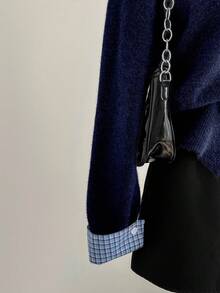 Sweetra 秋冬新款小马刺绣格子拼接二合一时尚宽松学院风长袖开衫 - 藏蓝色 - 查看 5