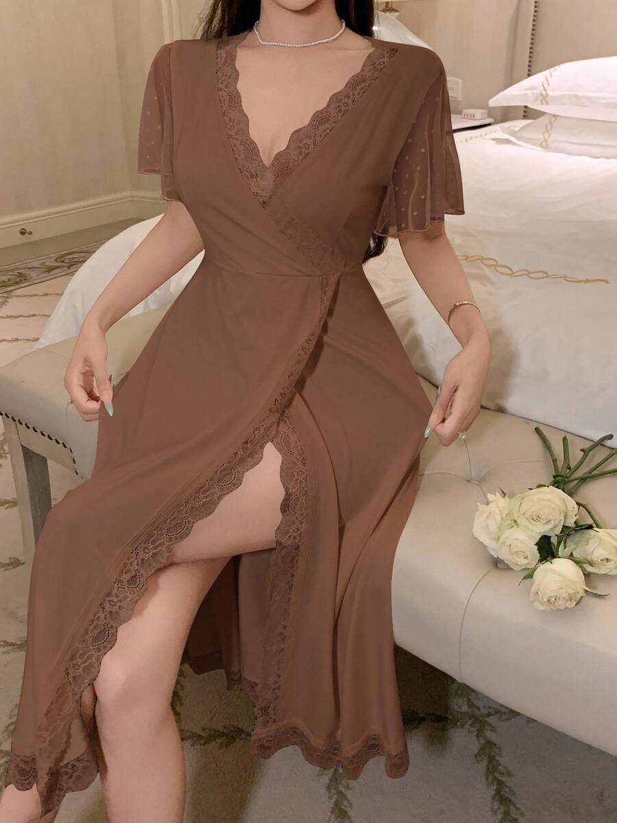 DAZY Knit Patchwork Polka Dot Mesh Lace Patchwork Waist V-Neck Women's Loungewear Dress - Brown - View 1