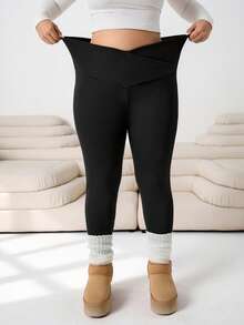 Solflare Plus Size Casual Solid Color Slim Fit Pants/Winter - Black - View 5
