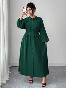 Elenzga Đầm xòe tay đèn lồng màu trơn rộng rãi cỡ lớn cài nút phía trước - Màu xanh lá cây đậm - Xem 4