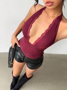 Aloruh Bộ đồ liền thân dệt kim jacquard màu đỏ tía hở lưng dành cho nữ - Màu Đỏ Sâu - Xem 1