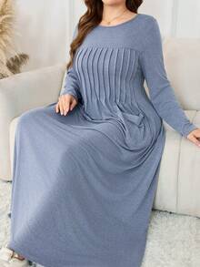 Lacomfia 针织弹力浅蓝色长袖褶裥口袋简约时尚日常百搭宽松柔软大码女装连衣裙 - 霧霾藍 - 查看 5
