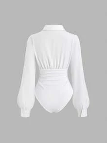 Sweetra Women's Retro Sexy Bodysuit, Fitted Slimming, Elegant High-End Comfortable Versatile Fashionable White Bodysuit - White - View 2