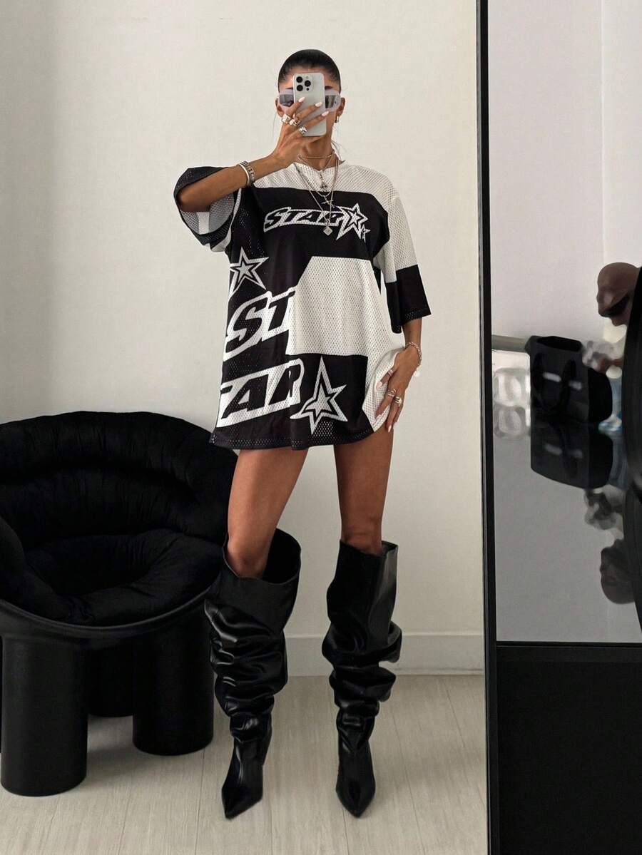 StreetHx Mesh Letter Print Contrast Color Casual Loose Sports T-Shirt - Black - View 1