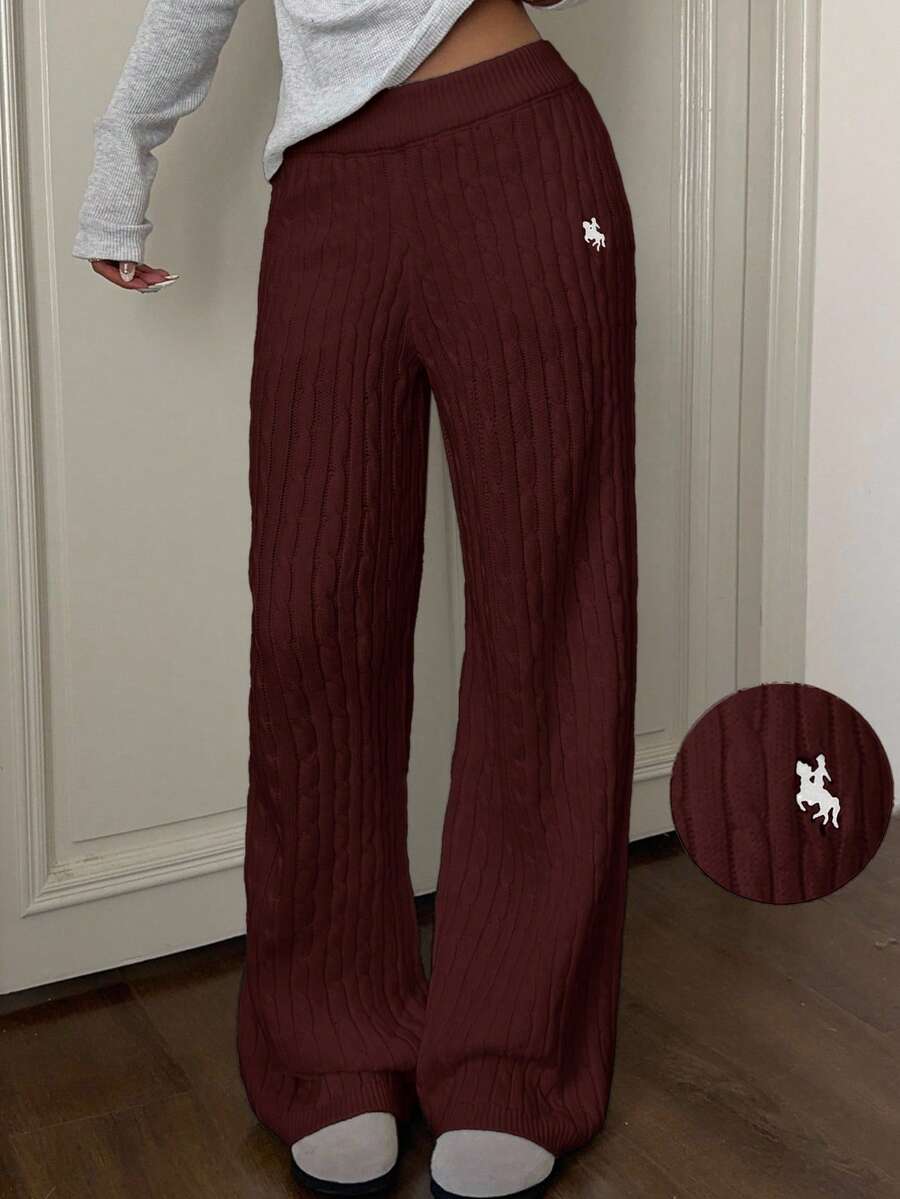CovetEZ 女士秋冬骑士图案直筒宽松休闲针织裤 - 酒紅色 - 查看 1