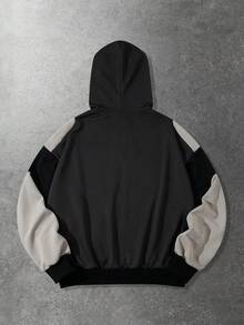 ROMWE MEN Casual 男士秋冬几何印花拼接拉链连帽卫衣 - 黑色 - 查看 2