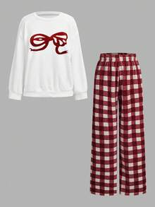 SHEIN PETITE 毛绒上衣和毛绒裤子家居套装 - 紅色 - 查看 11