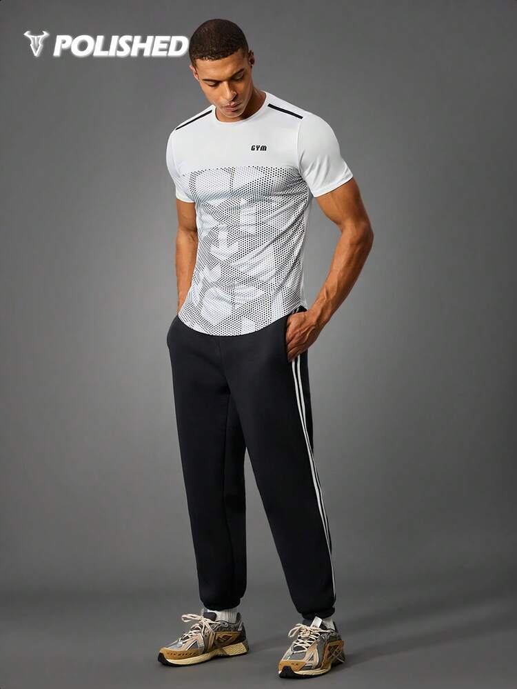 Acti Log 男友风格男士波尔卡圆点和字母图案短袖运动 T 恤，图案，跑步，运动服，纯色健身上衣健身房上衣透气修身衬衫圆领 - 白色 - 查看 7