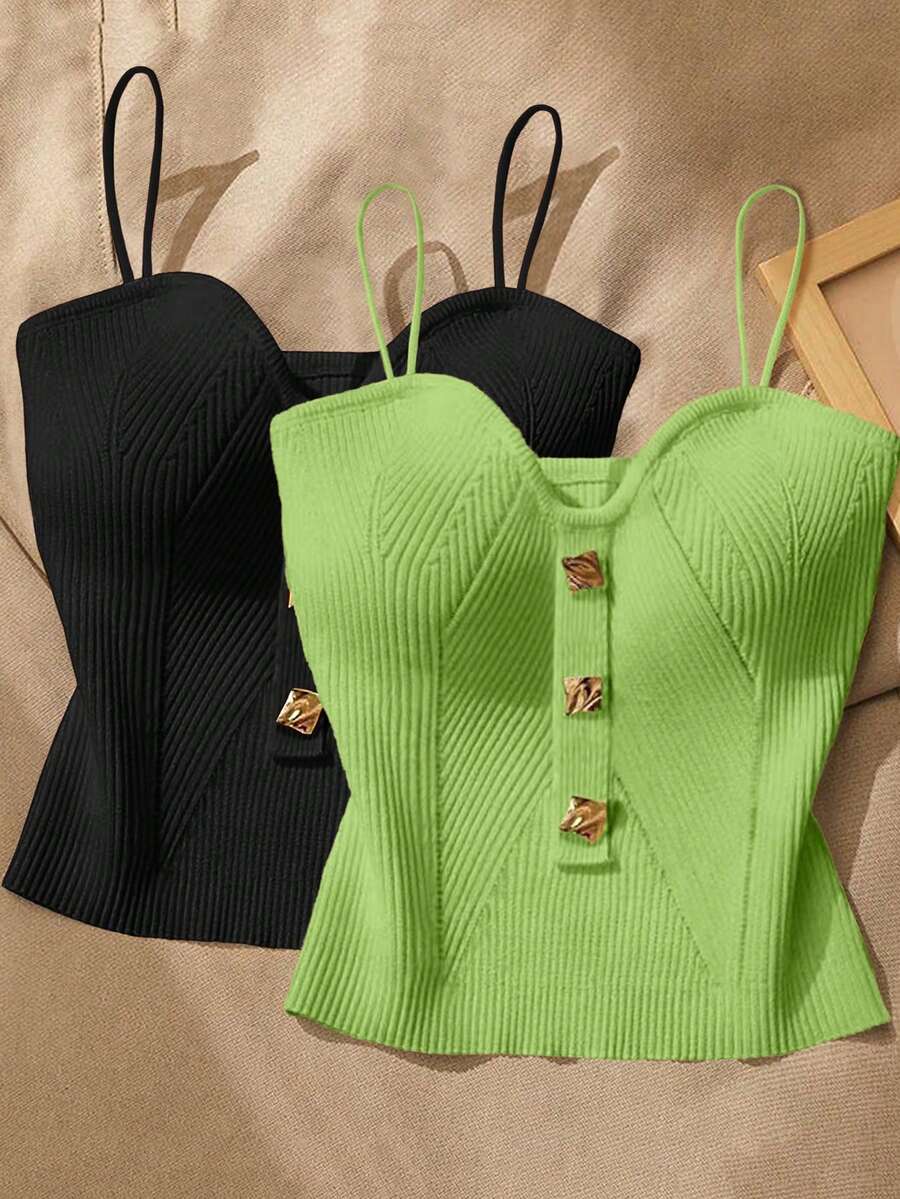 Women Buttoned Decor Fashion Camisole Knit Top - Multicolor - View 1