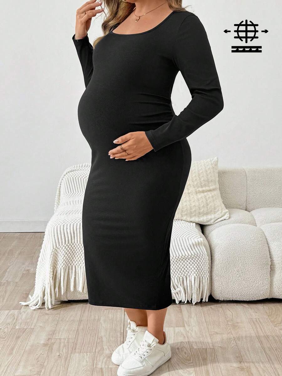 SHEIN Vestido casual plus size para gestantes, cor sólida, decote redondo, manga comprida, justo