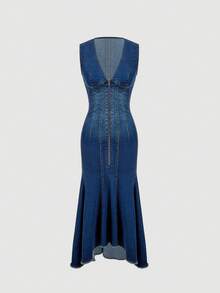 Sweetra Fashionable Casual Denim Dress For Women - Blue - View 1