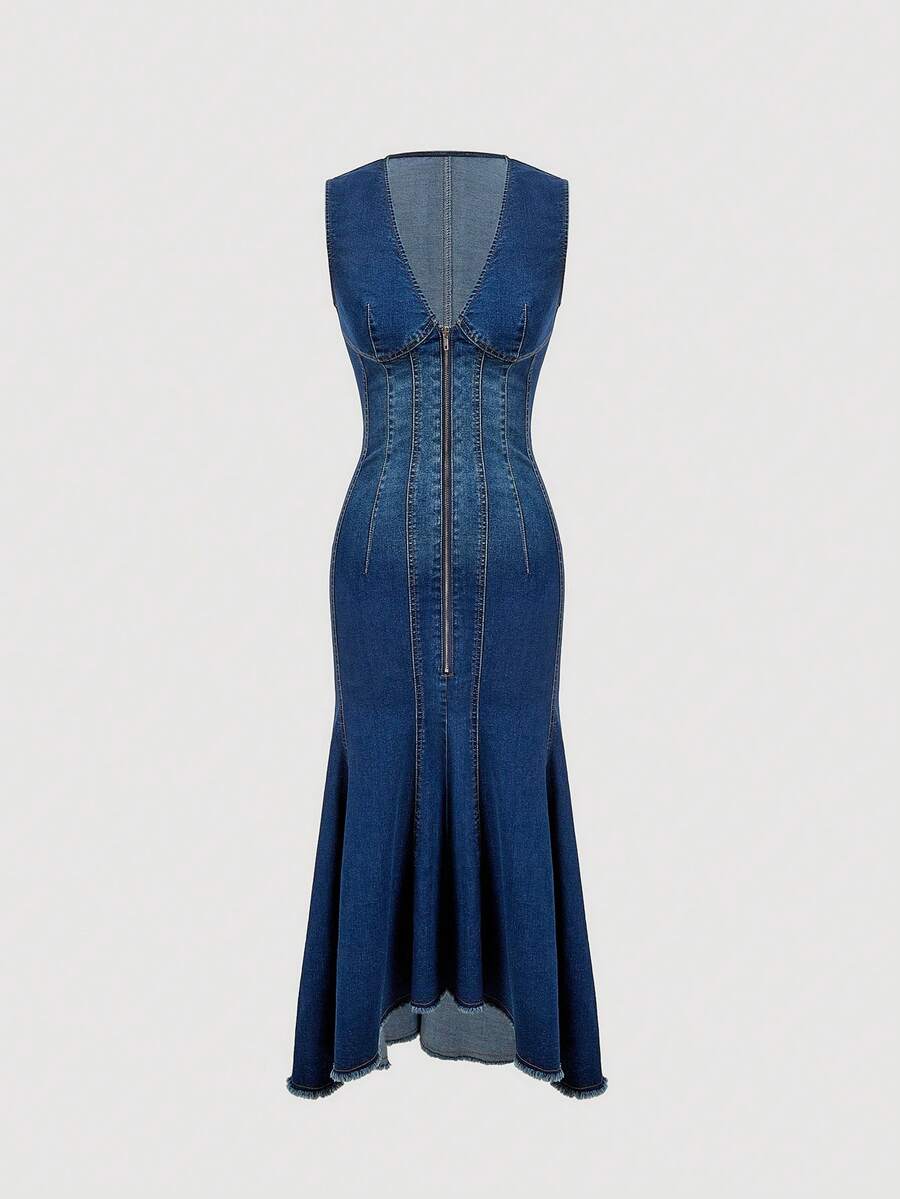 Sweetra Fashionable Casual Denim Dress For Women - Blue - View 1