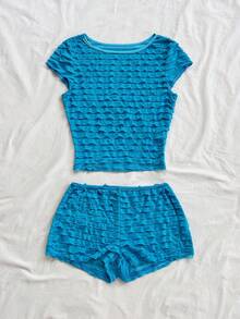 Soleia Damen-Urlaubs-Freizeit-Set: Zweiteiliges Set aus einfarbigem, strukturiertem T-Shirt und Shorts - Blau - Übersicht 4