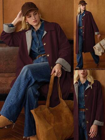 Écloséra 优雅法式复古卡其色衬衫领长袖格纹撞色开襟春秋女式风衣