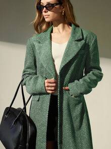Aveloria Modichic Retro High Street Commuter Blazer With Notched Collar, Waist Cinching Design, Padded Shoulders, Women's Long Sleeve Long Coat - Green - View 4