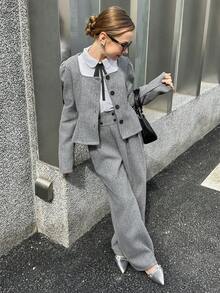 SHEIN Explorewe 两件套少女纯色羊毛短外套（翻领收腰设计）+阔腿裤套装，法式休闲时尚风格，适合秋冬季日常休闲、通勤和度假穿着。 - 深灰色 - 查看 7