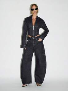 KIZN 复古牛仔拉链修身夹克长袖短款外套秋冬休闲叠穿 - 黑色 - 查看 3