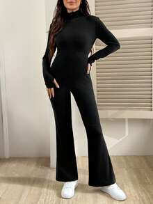 SHEIN Solid Color Turtleneck Tight Flared Maternity Jumpsuit - Black - View 7