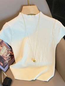 Franclia 女士纯色简约短袖毛衣，日常穿着 - 黑與白 - 查看 4