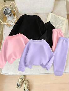 Set de 2 piezas de sudadera y pantalón de chándal con estampado de corazón hueco y cuello redondo para niñas pequeñas, conjunto de ropa personalizada cálido y cómodo para otoño/invierno