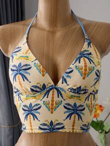 Bellisia 女士两件套亲肤随机印花露背吊带上衣和侧边抽绳泳裤沙滩度假泳衣套装，春夏款 - 彩色 - 查看 6