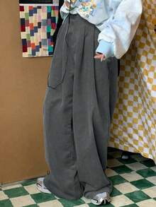 STEELVANCE 宽松男士斜插口袋阔腿灯芯绒裤（无腰带） - 深灰色 - 查看 3