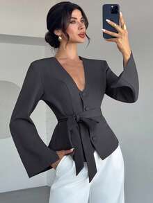 Firerie Chaqueta de traje elegante y casual de corte slim en colores populares, adecuada para negociaciones de negocios, vuelta al colegio, ir al trabajo, usar como docente, ropa de oficina, ropa de mujer para otoño/invierno, estilo elegante de otoño/marrón - Gris Oscuro - Ver 4