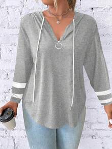 SHEIN LUNE Plus Size Spring Autumn Casual Color Block Striped Drawstring Hooded T-Shirt Fall Cloth For Women - Grey - View 5