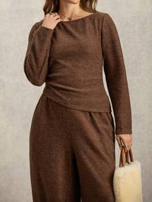 Zelara 2pcs Plus Size Set, Textured Comfortable Fabric Top And Pants Brown Two Piece Set Women Plus Size Co Ord Set - Khaki - View 2