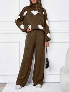 SHEIN Tall 2pcs/Set Casual Heart Pattern High Neck Sweater, Tall Women - Chocolate Brown - View 3