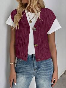 EMERY ROSE Áo khoác cardigan dệt kim cổ chữ V mới, trang phục thời trang và thanh lịch cho phụ nữ - Màu Đỏ Sâu - Xem 3